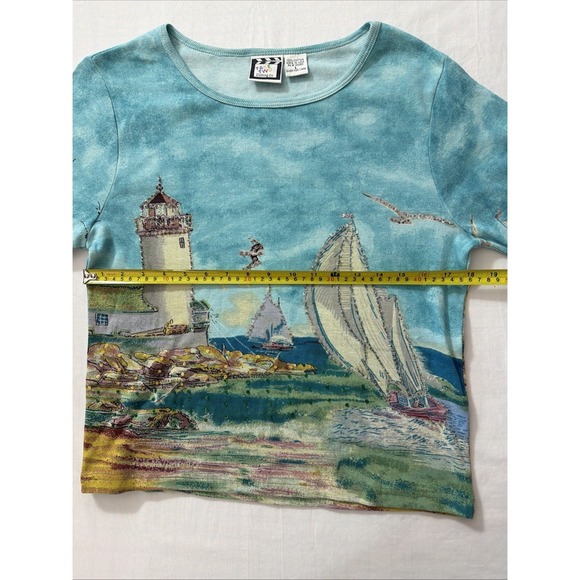 Take Two vintage 3/4 sleeve shirt cotton lighthouse sequins sailboats coastal L - Picture 7 of 16